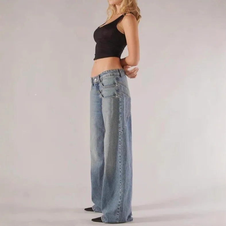 Cotton loose straight wide leg mop trousers in blue colour with low waist design