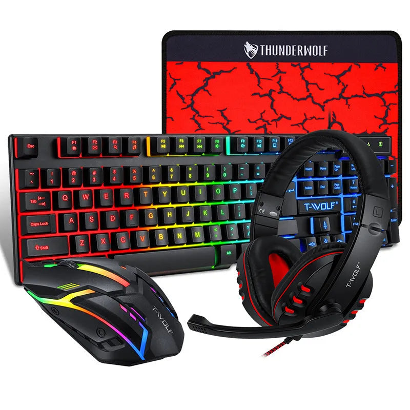 Thunder Wolf gaming keyboard and mouse set with RGB lighting, headset, and large mouse pad