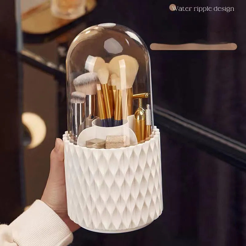 360 rotating large capacity transparent acrylic makeup brush storage pen holder with lid in white, PET HIPS desktop cosmetic organiser