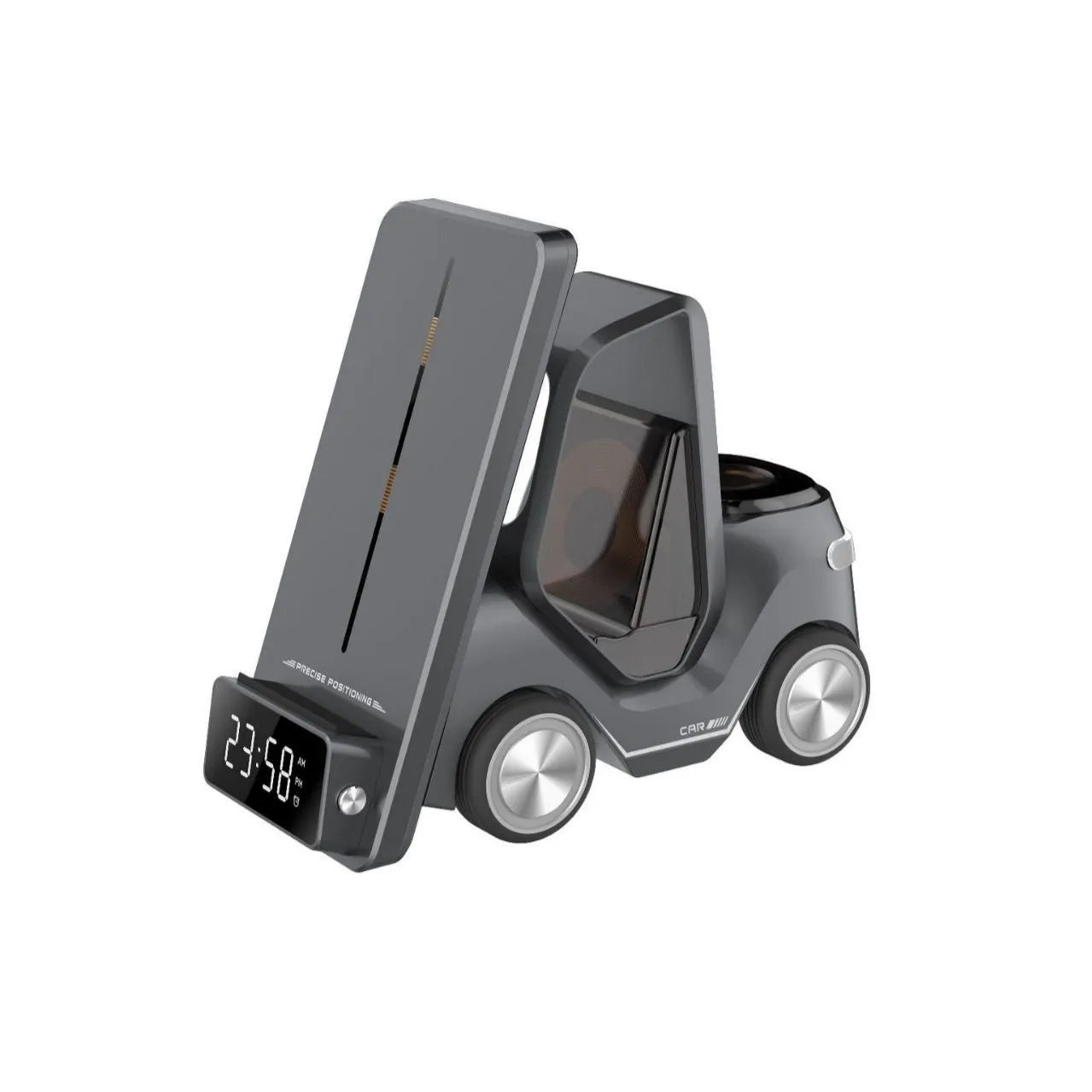 Grey 15W wireless charging bracket holding a mobile phone, a smartwatch, and wireless earbuds.