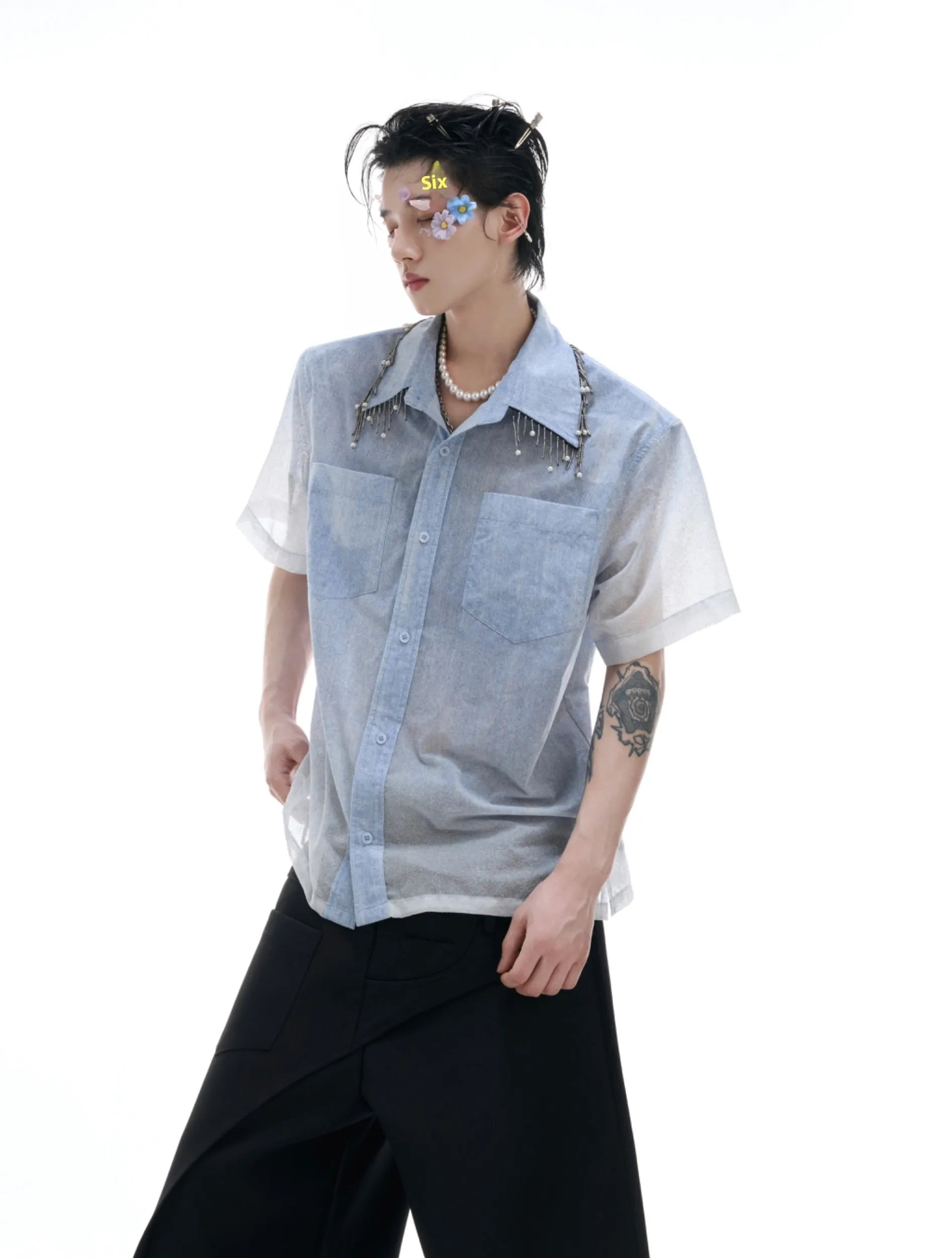 Blue gradient casual short sleeve shirt with half sleeves and loose fit