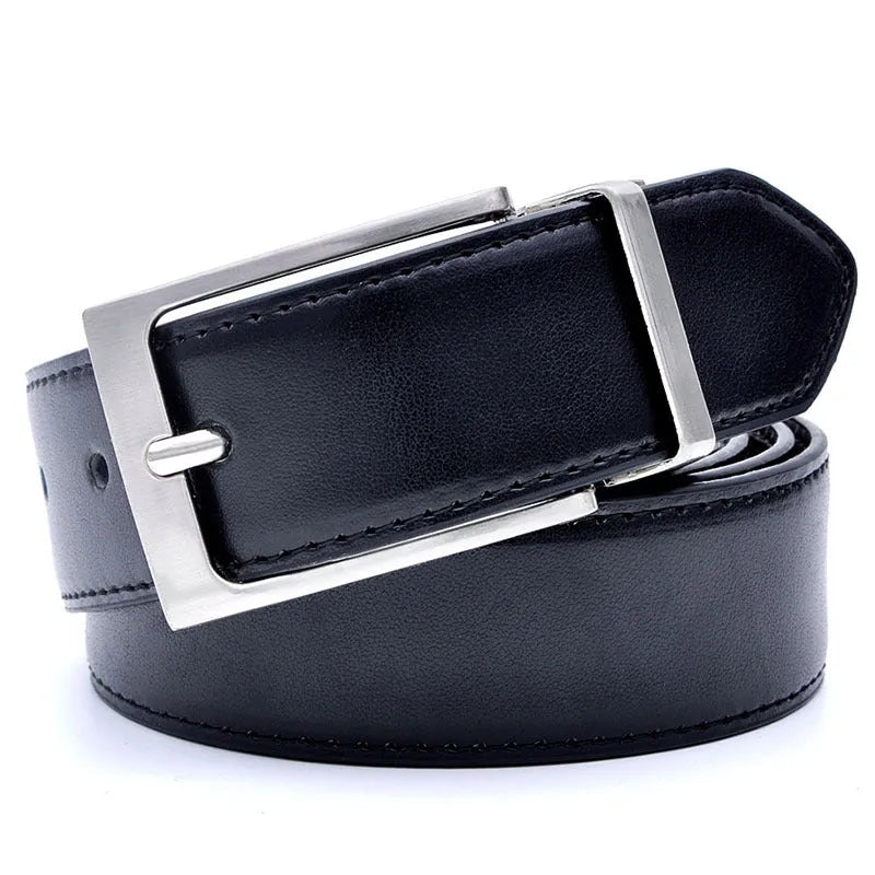 Men's brown and black genuine cowhide leather belt with rotating alloy pin buckle showing length measurement