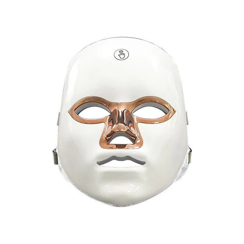 White rose gold LED beauty mask device with touch controls and facial treatment lights