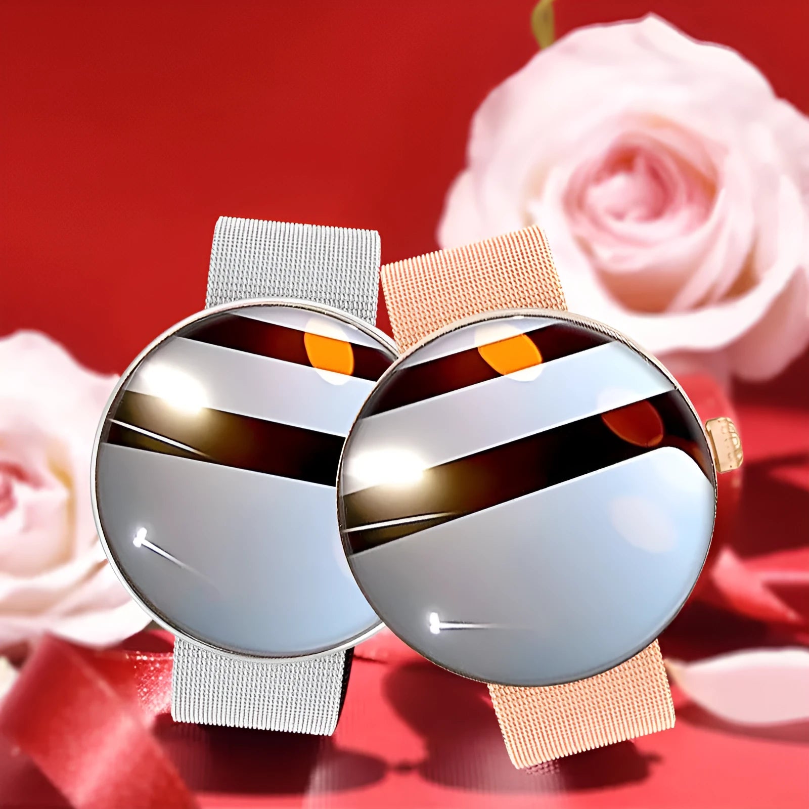 Circular smart watch for women with metal strap, showing colour touch screen display.