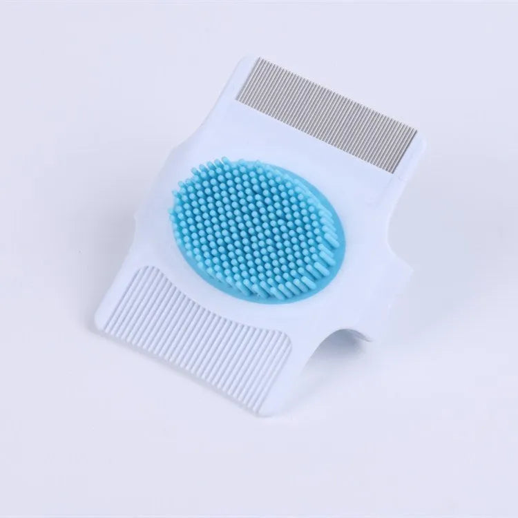 Blue multifunctional dog grooming comb for hair removal, massage, and flea control measuring 8.5cm long