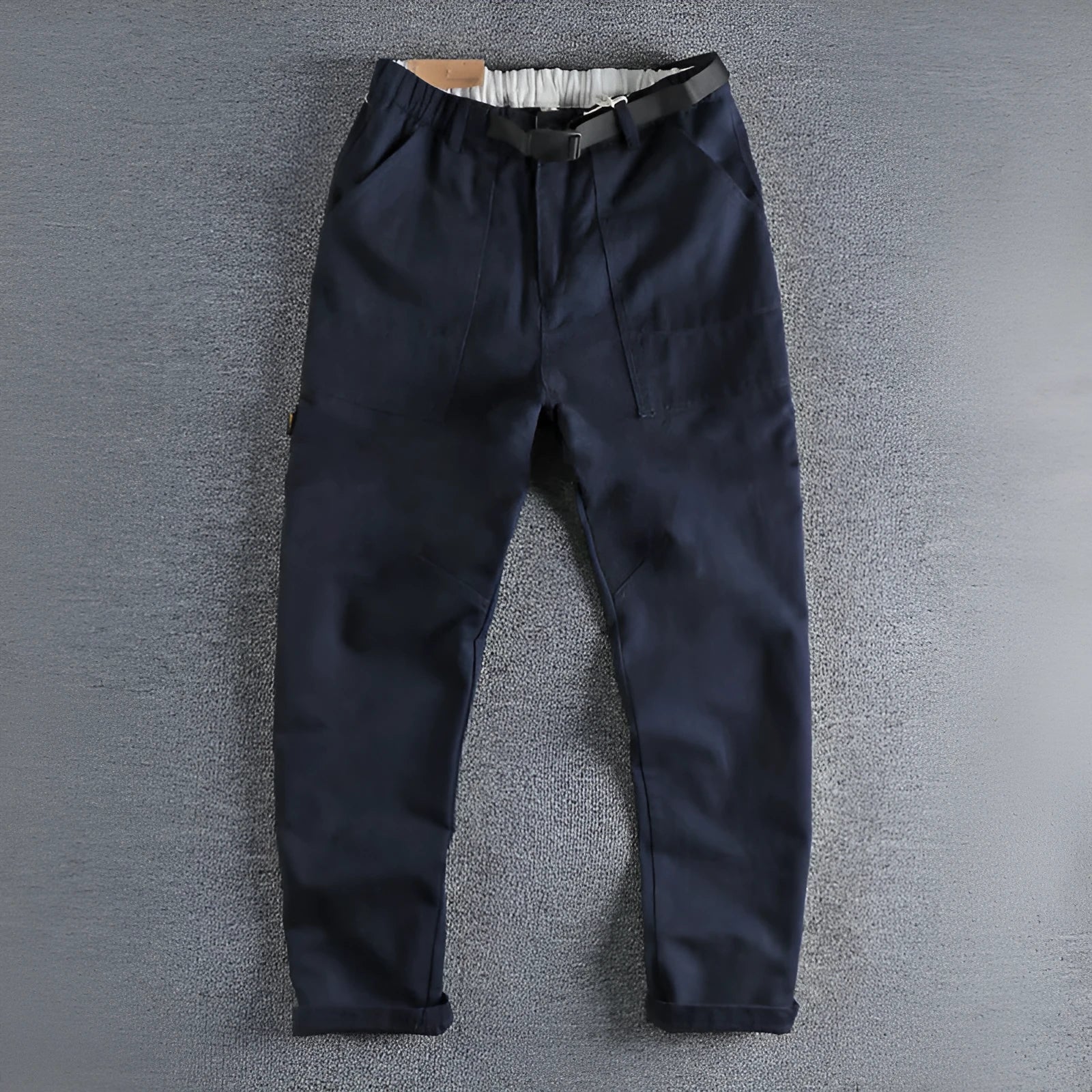 Men's cotton work trousers with NI buckle belt in khaki colour showing three-dimensional cutting detail