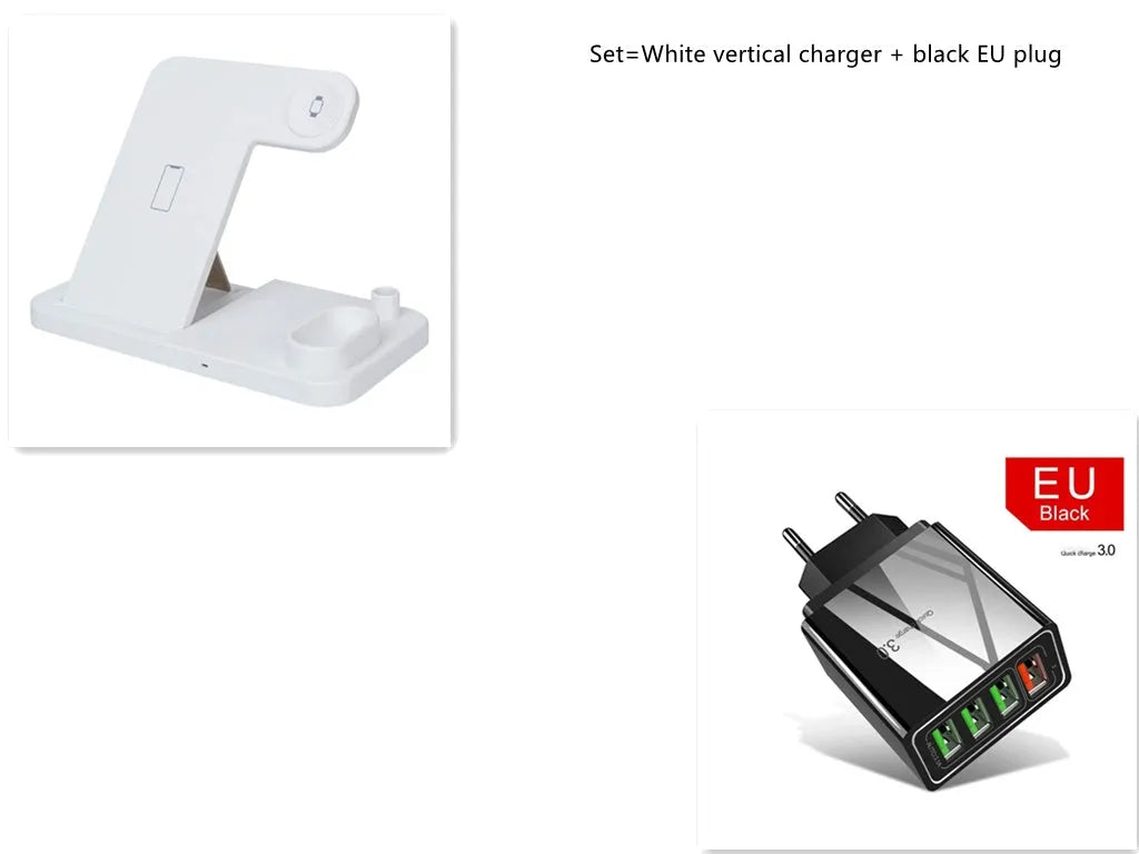 4-in-1 wireless charging station with adjustable stand charging iPhone, Apple Watch, and AirPods