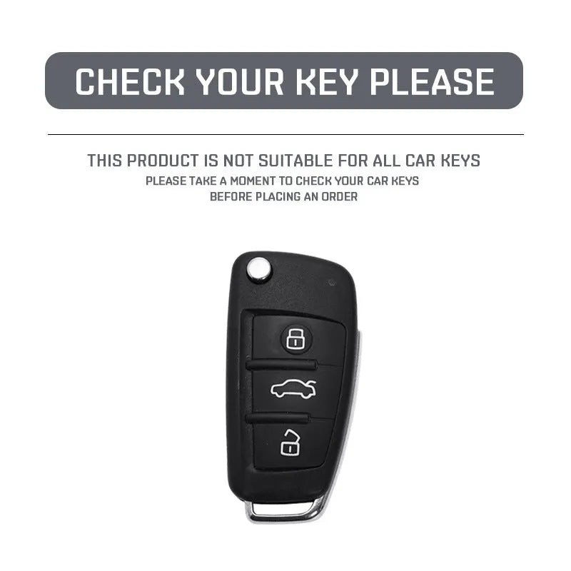 Carbon fibre style car key cover with a small mirror, shown in black and white colour options.