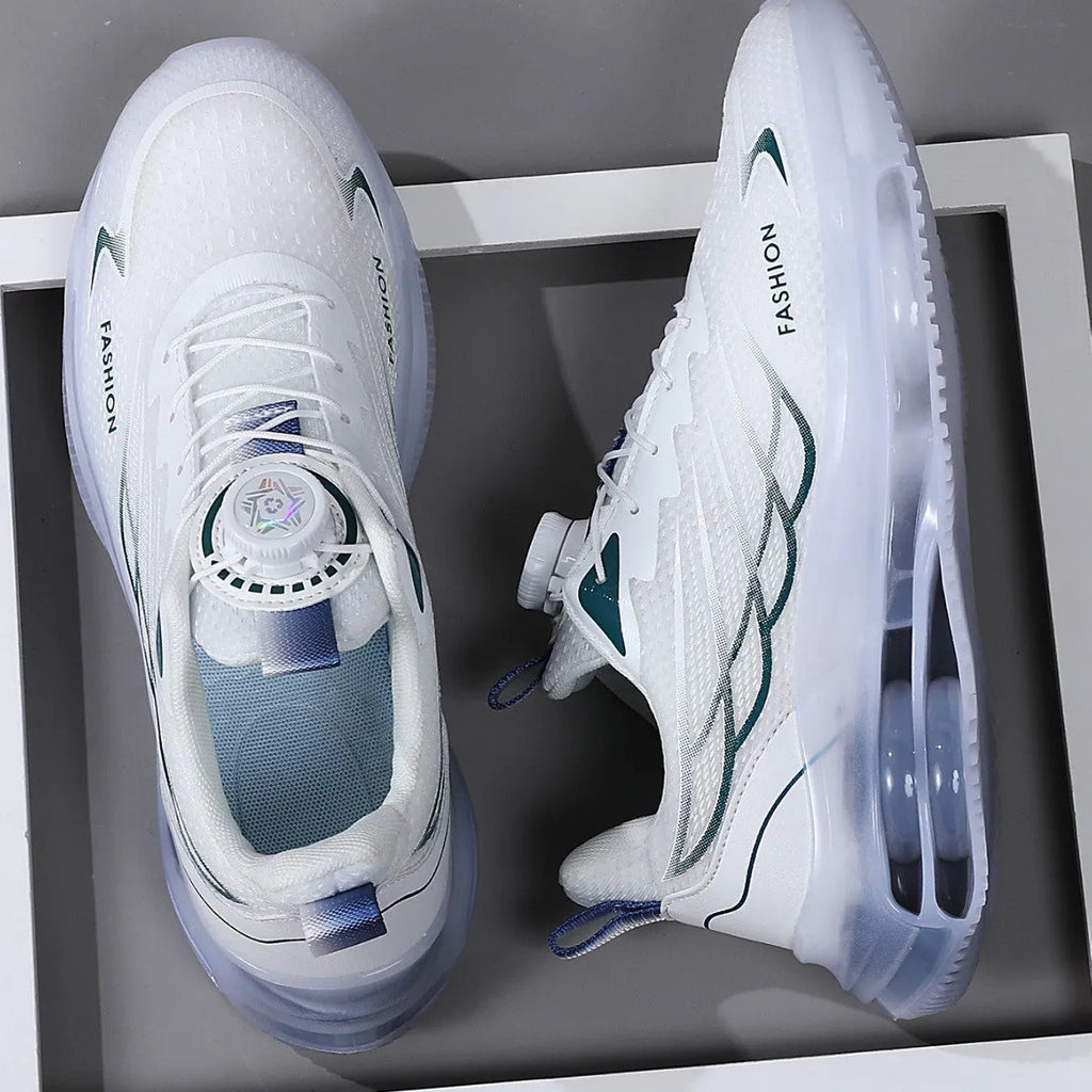 White men's casual running shoes with rotating button closure and mesh upper