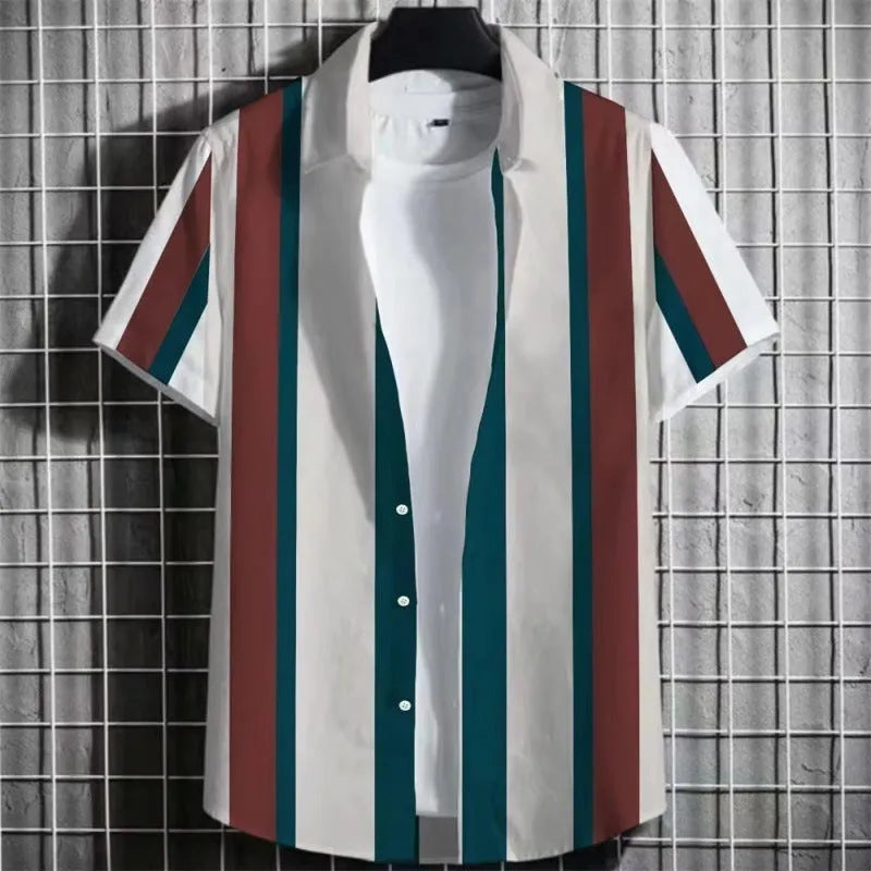 Man wearing a striped linen short sleeve t-shirt with a 3D printed graphic design.