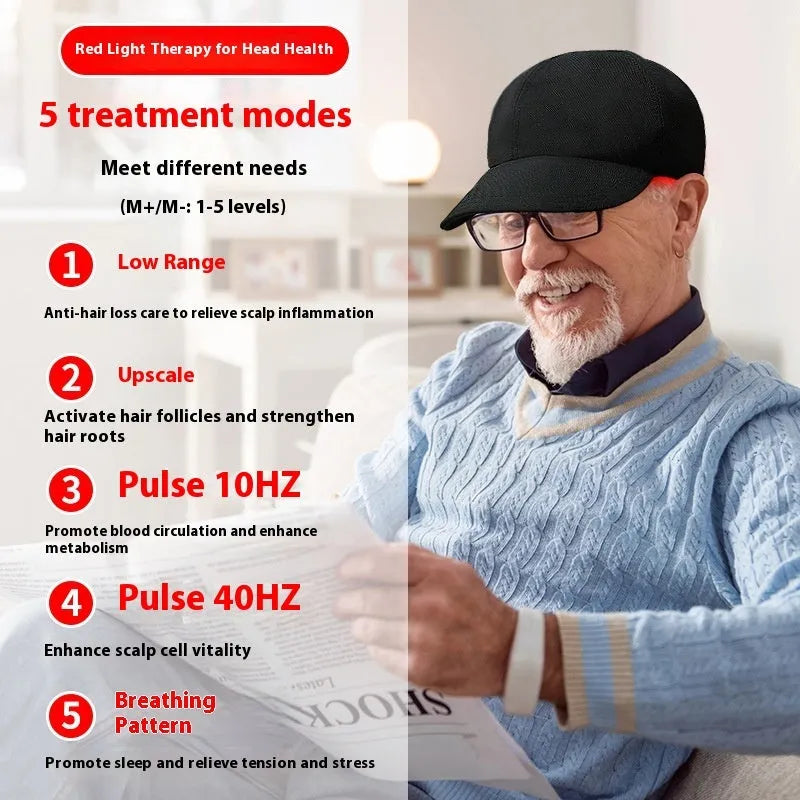 Black infrared hair growth cap with LED lights for red light scalp therapy