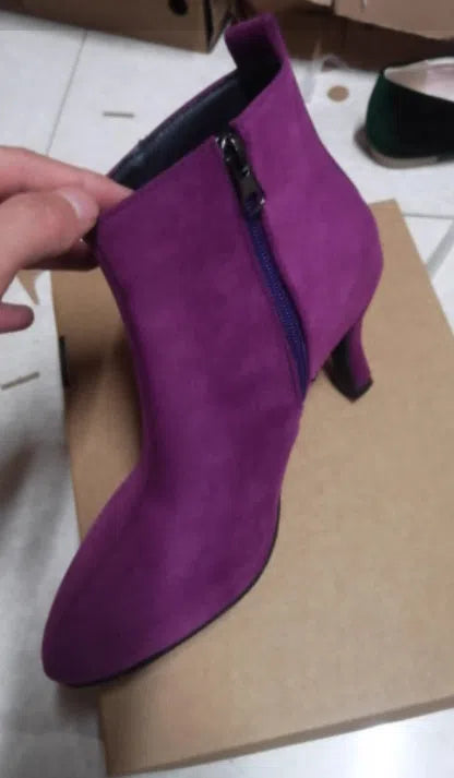 Women's Suede Boots - Pointed Toe High Heel Ankle Boots, Brown Leather Look Boots, Low Shaft Cotton Lined Boots for Women, Available in Green and Purple Sizes 34-43