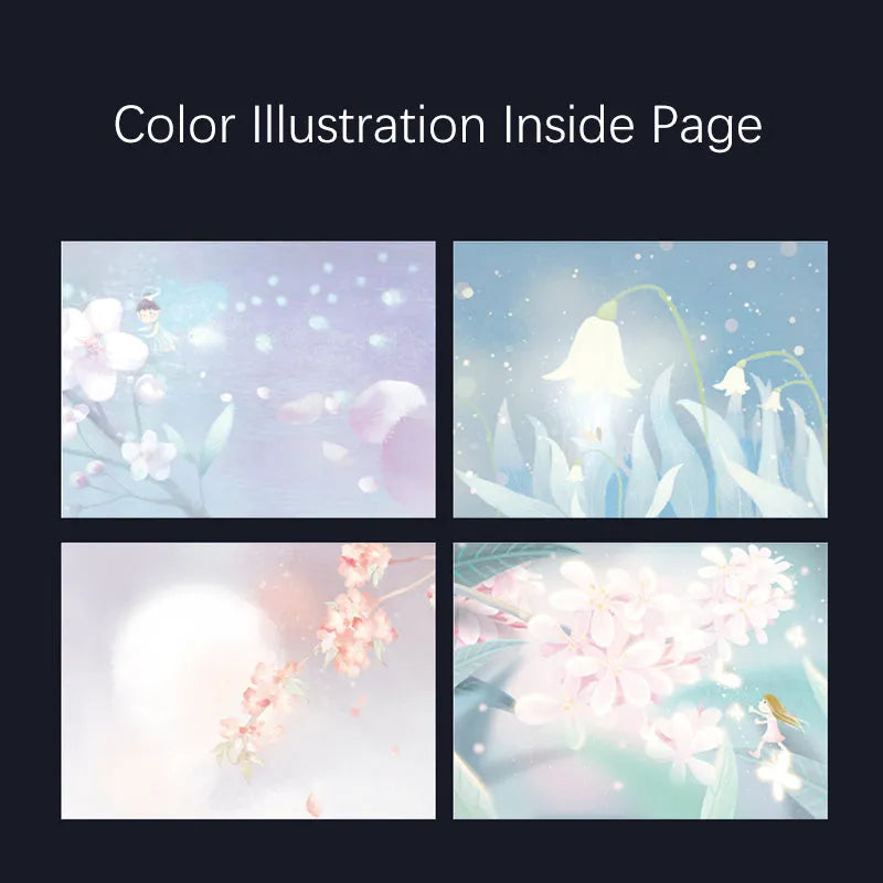 A5 notebook with luminous blue cover open to show colour illustration pages inside