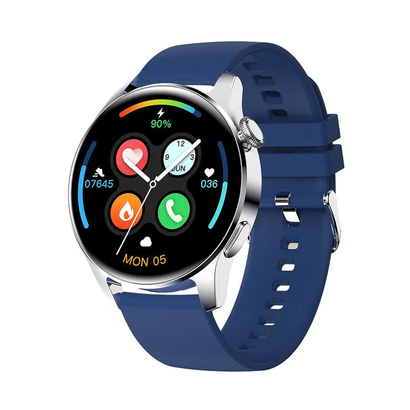 Smart watch with colour touchscreen showing heart rate data, with a black silicone strap on a wrist.
