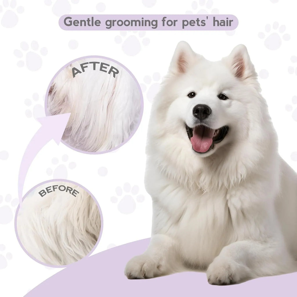 Purple pet grooming comb with stainless steel long and short teeth on an ergonomic handle.