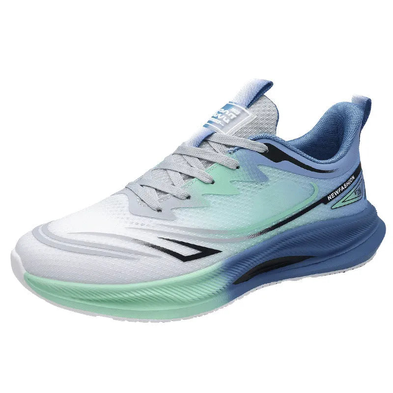 Men's low-top casual trainers with woven mesh upper and rubber sole in black, blue-grey, and green-grey colours.
