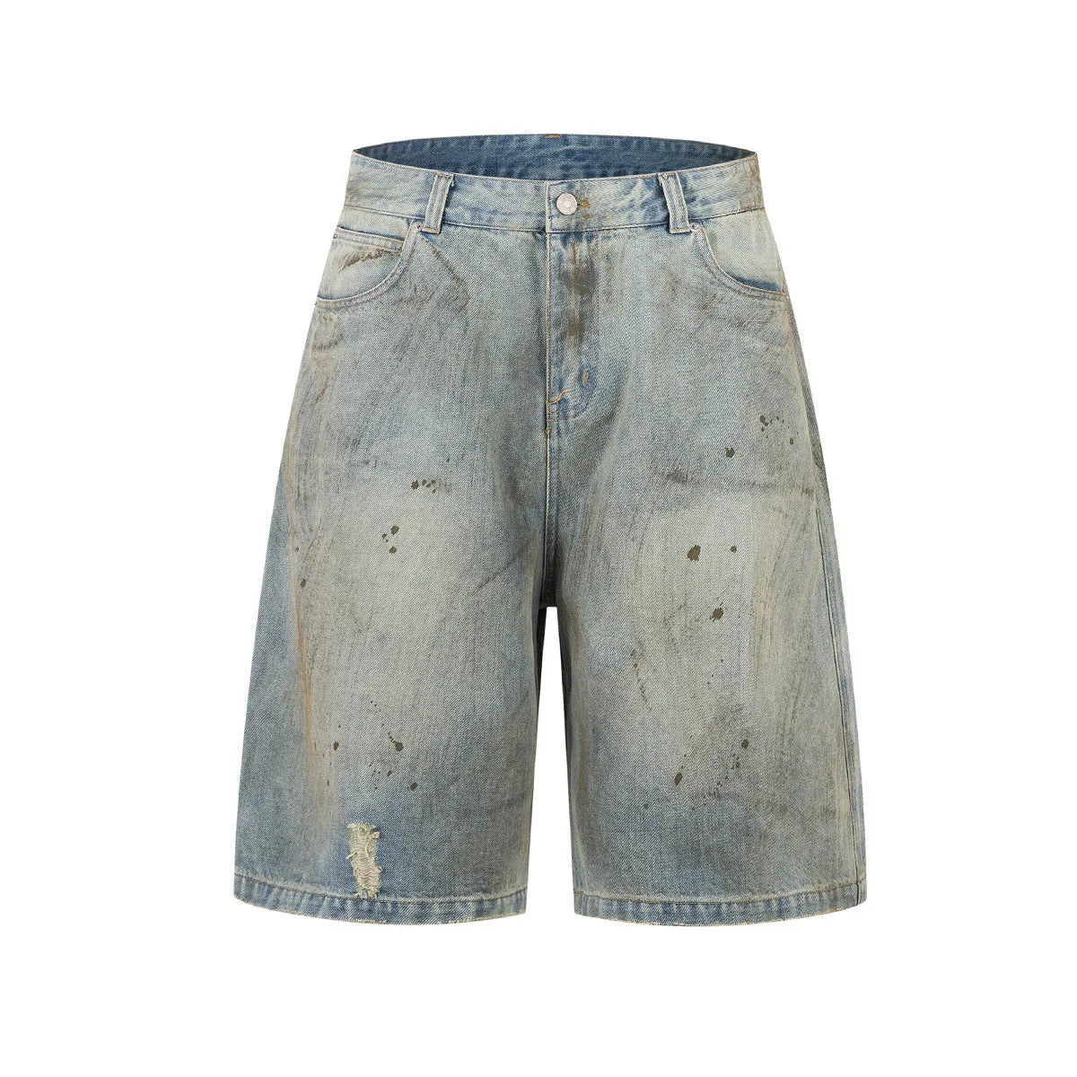 Men's washed blue cropped denim jeans with a straight leg and zipper fly, laid flat.