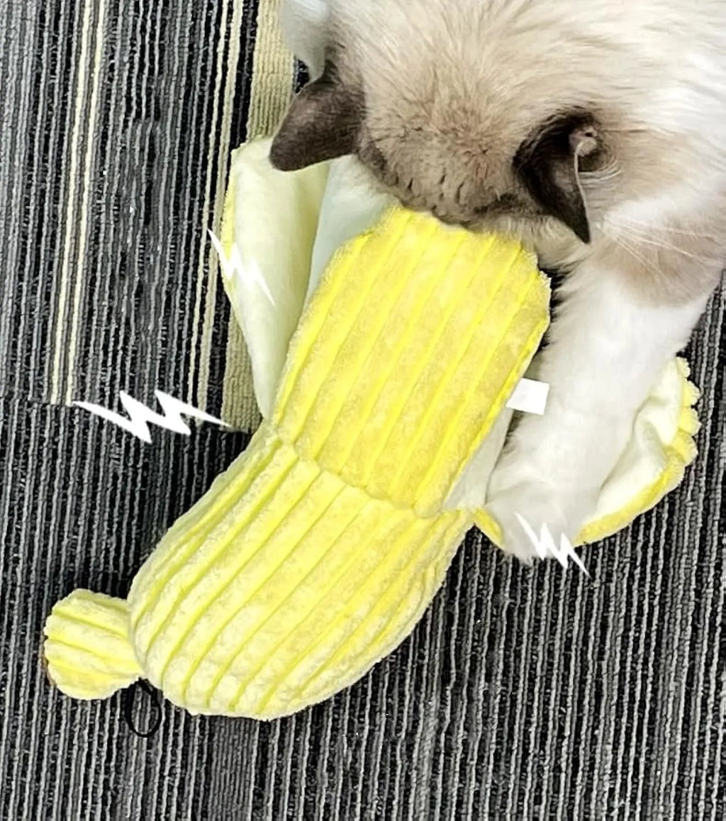 Yellow banana-shaped cat toy with soft plush fabric and crinkle paper inside