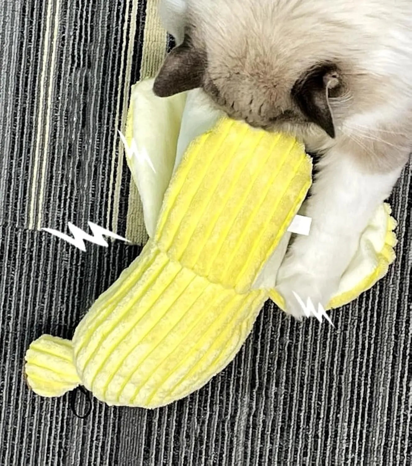 Yellow banana-shaped cat toy with soft plush fabric and crinkle paper inside
