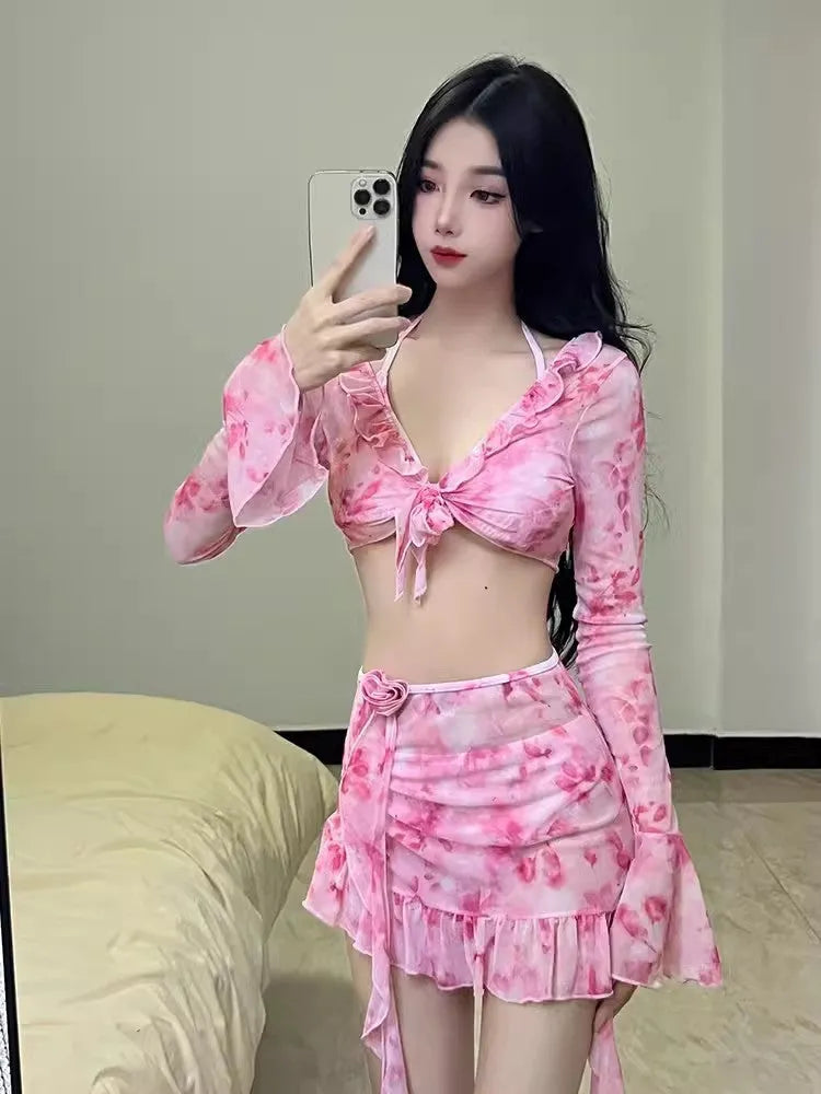 Women's floral bikini swimsuit in cherry blossom pink colour with polyester fabric
