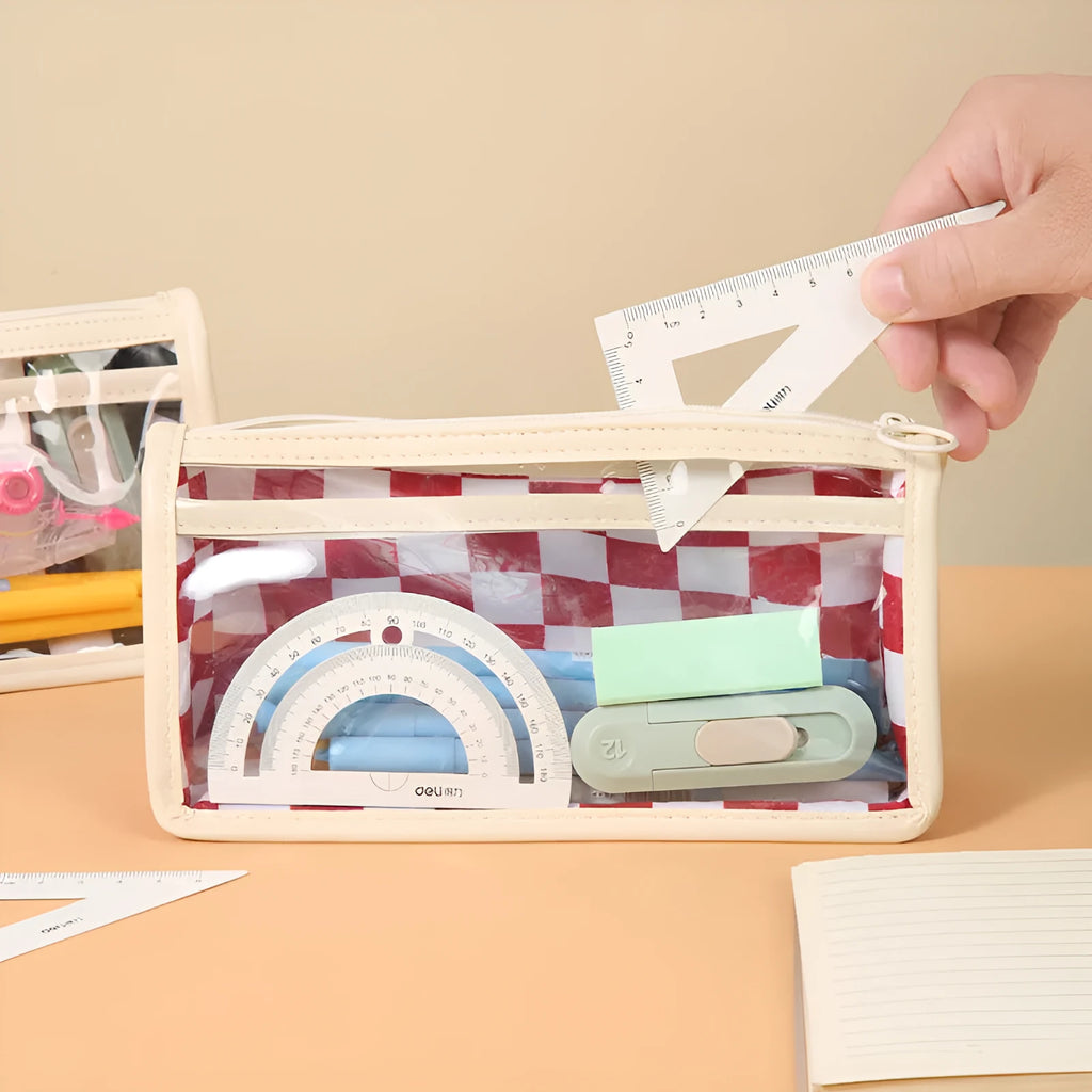 Transparent PVC pencil case with chessboard pattern measuring 21.5 cm long