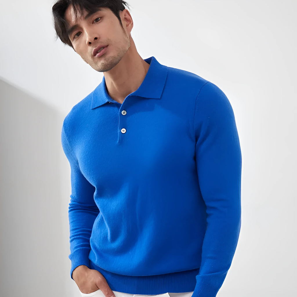 Men's loose fit cashmere pullover sweater with a polo collar in sapphire blue