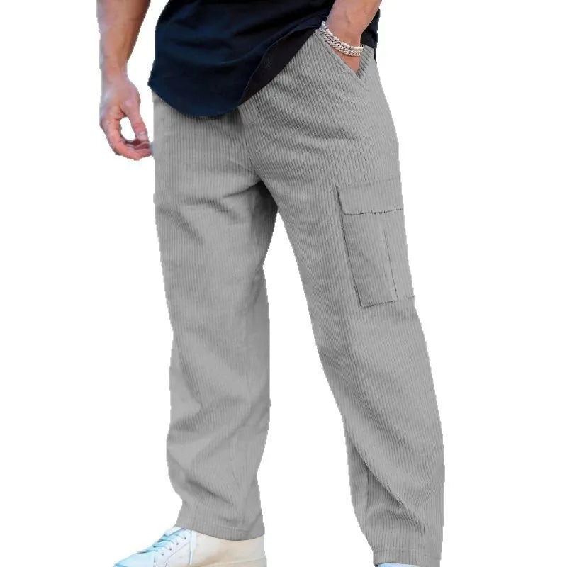 Men's corduroy cargo trousers with elastic waistband in straight-leg wide-leg design