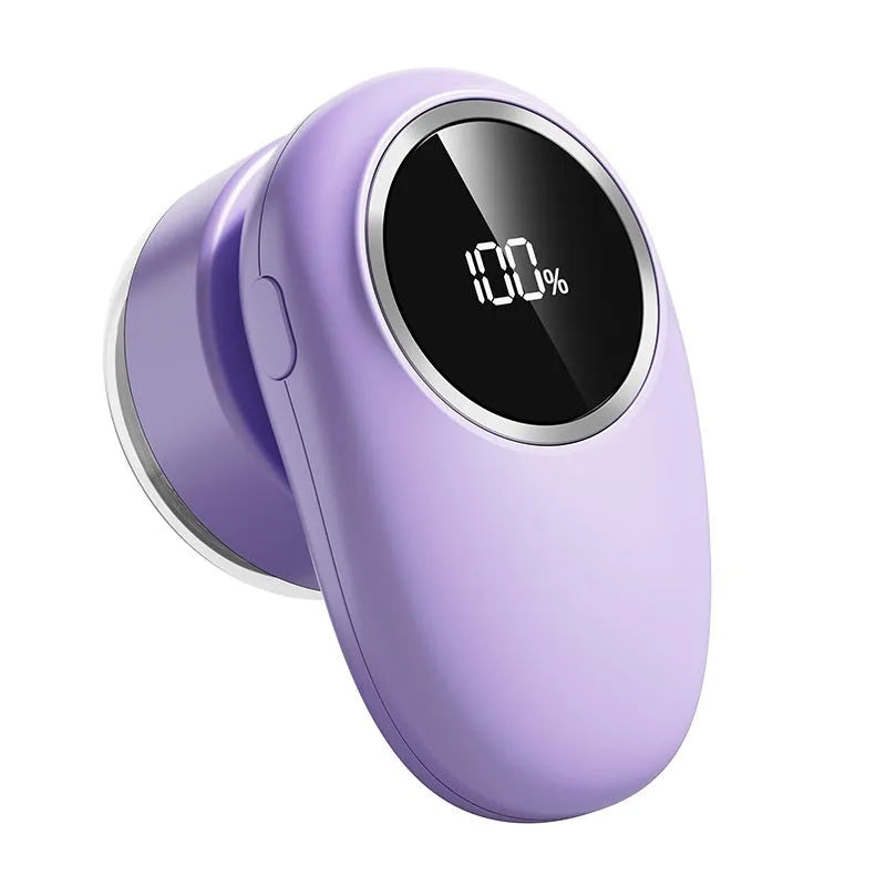 Fur ball trimmer with digital display in beige or purple colours showing cutter head options