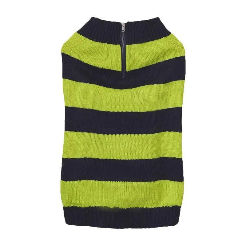 Grey dog sweater with horizontal front zipper and contrast colour button pocket on small breed dog