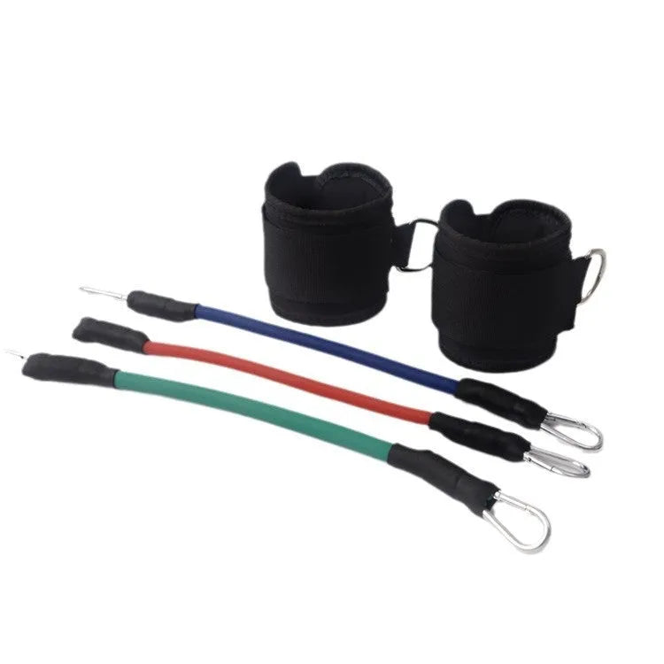 Black elastic pull rope set with ankle straps for leg and Taekwondo training.
