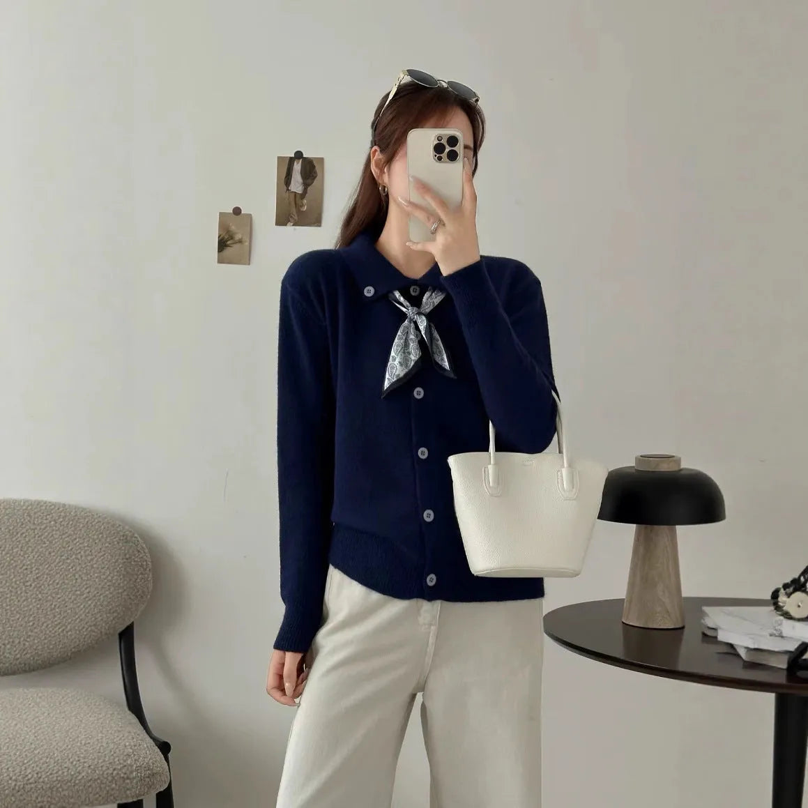 Women's lapel scarf cardigan sweater in acrylic fibre with splicing detail, free size