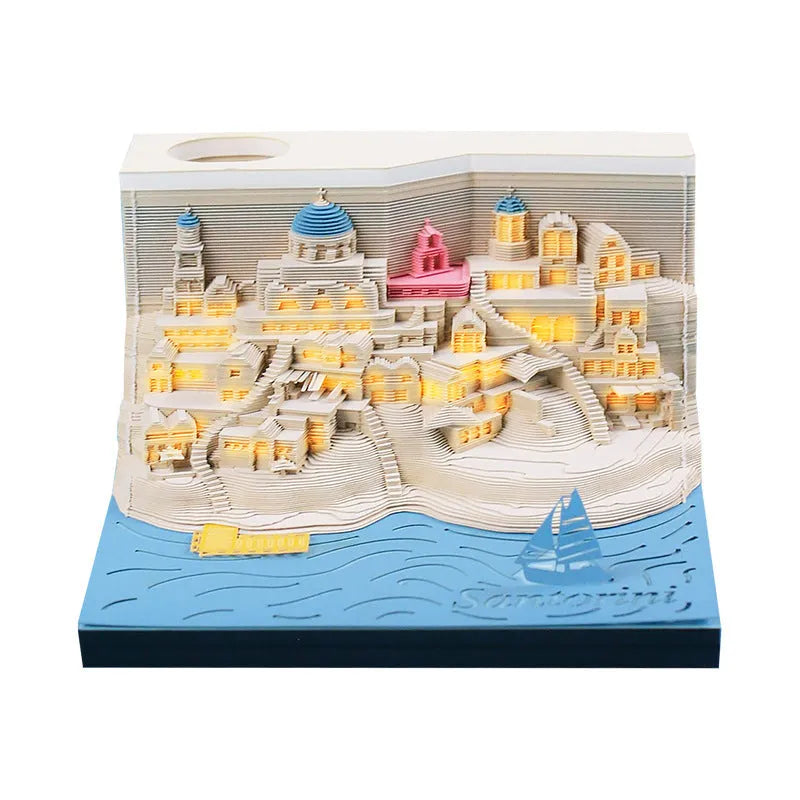 Santorini 3D notepad paper carving building model with 166 pages on desk
