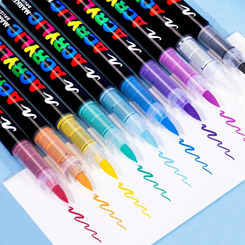 Set of straight liquid acrylic marker pens with soft flexible tips in multiple colour options