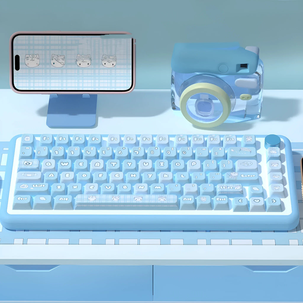 Watercolour cat design PBT keycap set for mechanical keyboards, showing 138 or 158 keys with opaque legends.