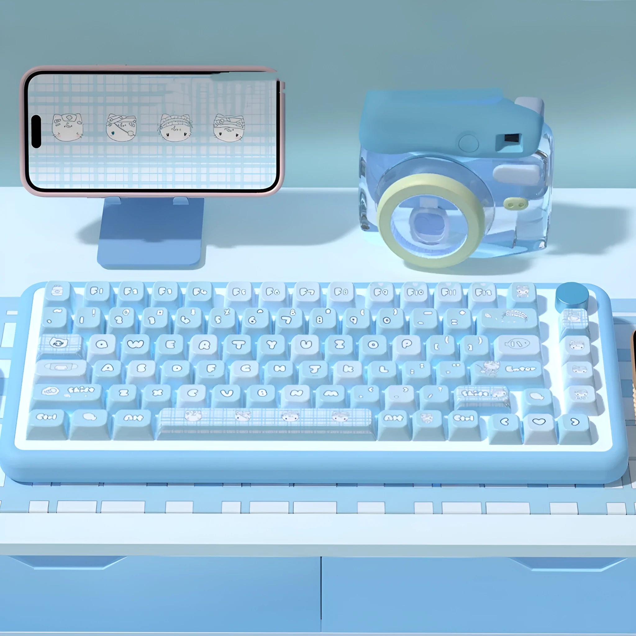Watercolour cat design PBT keycap set for mechanical keyboards, showing 138 or 158 keys with opaque legends.