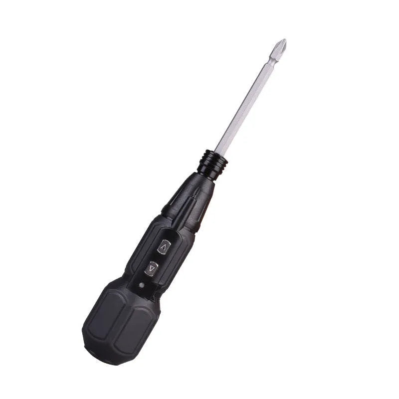 Black and blue alloy steel straight-handle cordless electric screwdriver on a workbench.