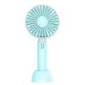 Blue handheld mini electric fan with USB cable, 3-speed buttons, and oscillating head