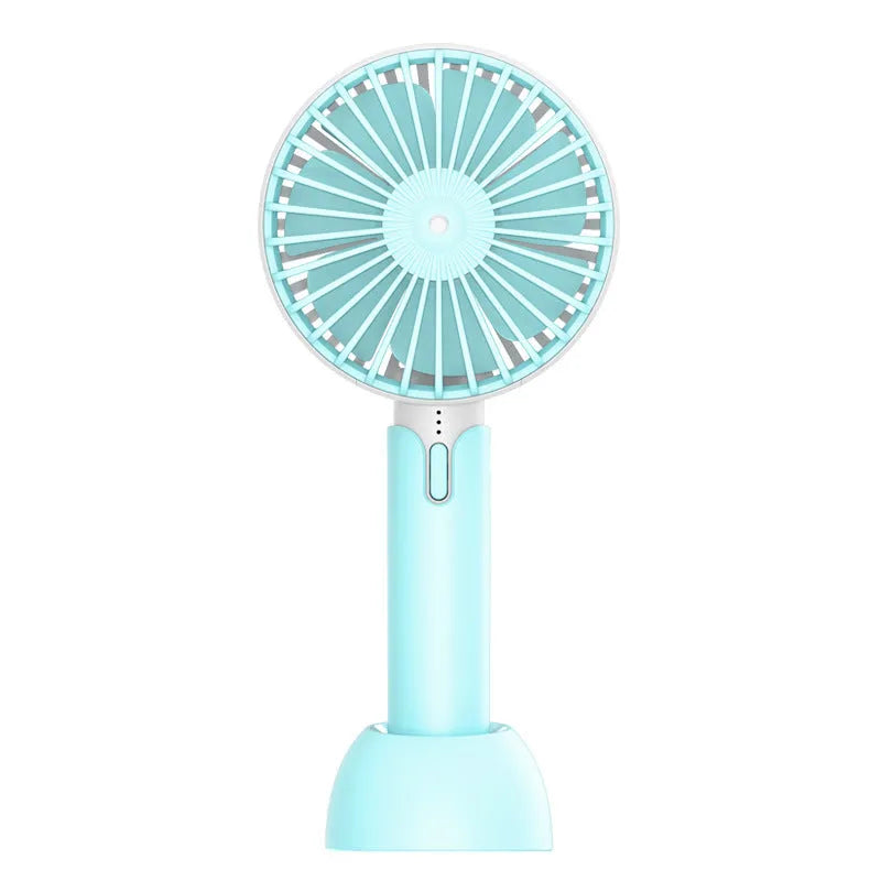 Blue handheld mini electric fan with USB cable, 3-speed buttons, and oscillating head