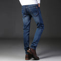 Men's straight stretch slim fit casual denim trousers in blue, cotton fabric, low waist, zipper fly