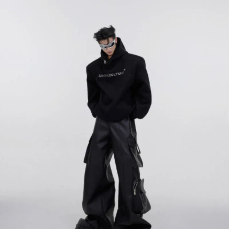 Men's loose fit grey hooded sweater with heavy shoulder pads and a three-dimensional printed pattern on the front.