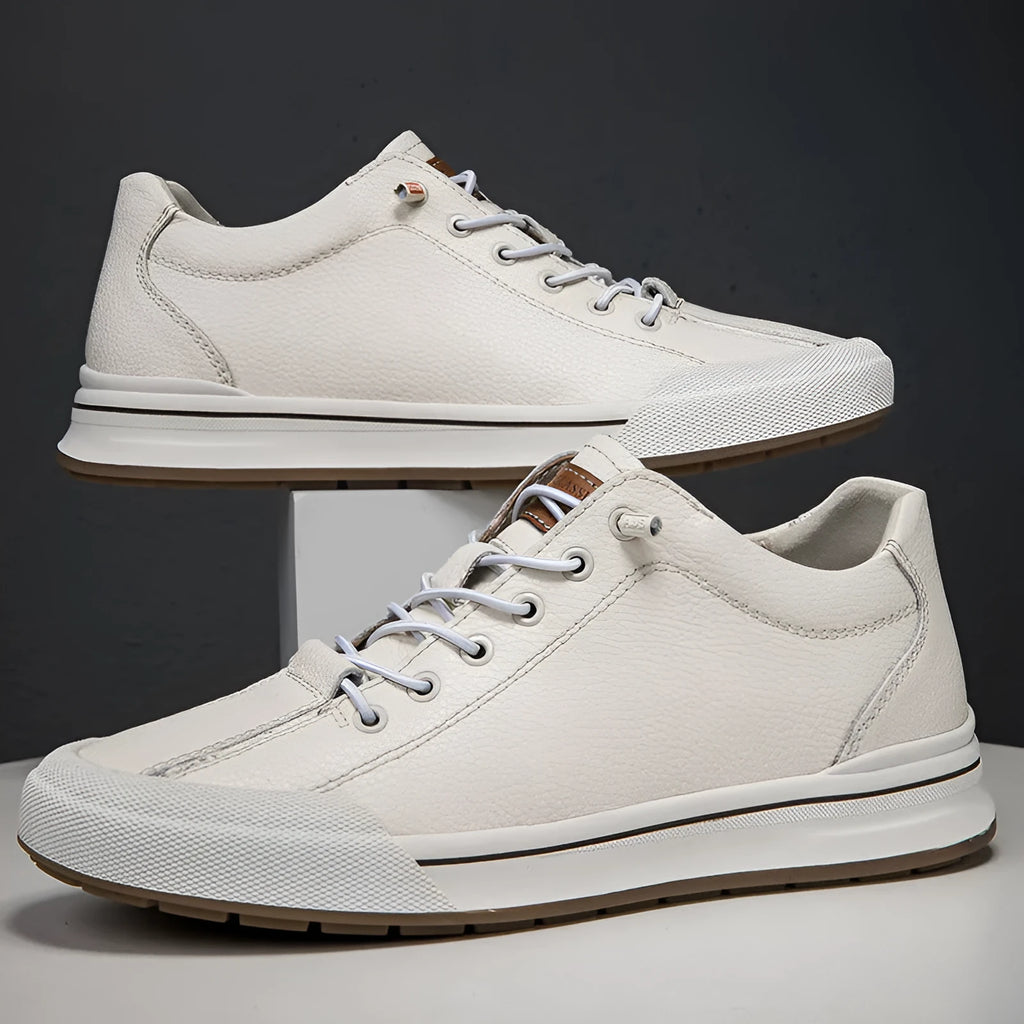 Men's white matte leather casual shoes with round toe and flat heel design