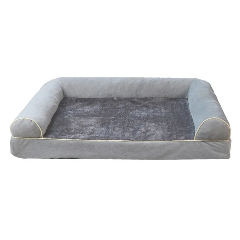 Square blue cloth dog bed with sponge foam cushion for medium-sized dogs on a wooden floor.