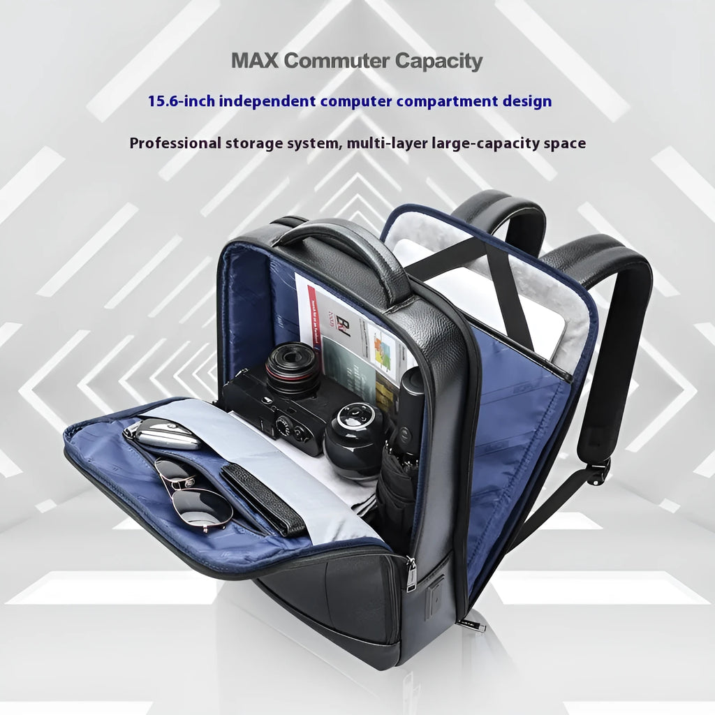 Black leather business backpack with USB charging port and curved shoulder straps