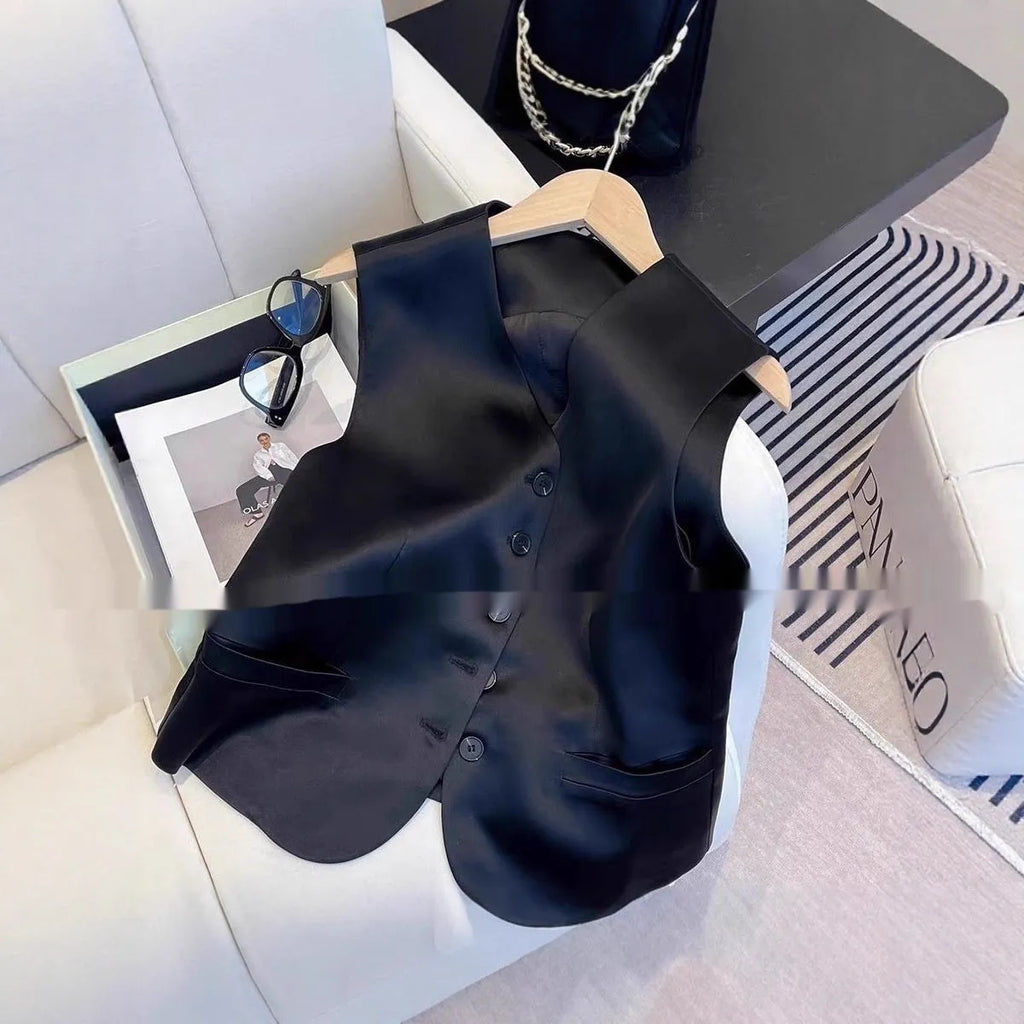 Black satin sleeveless vest for women on a hanger, showing loose fit and splicing detail