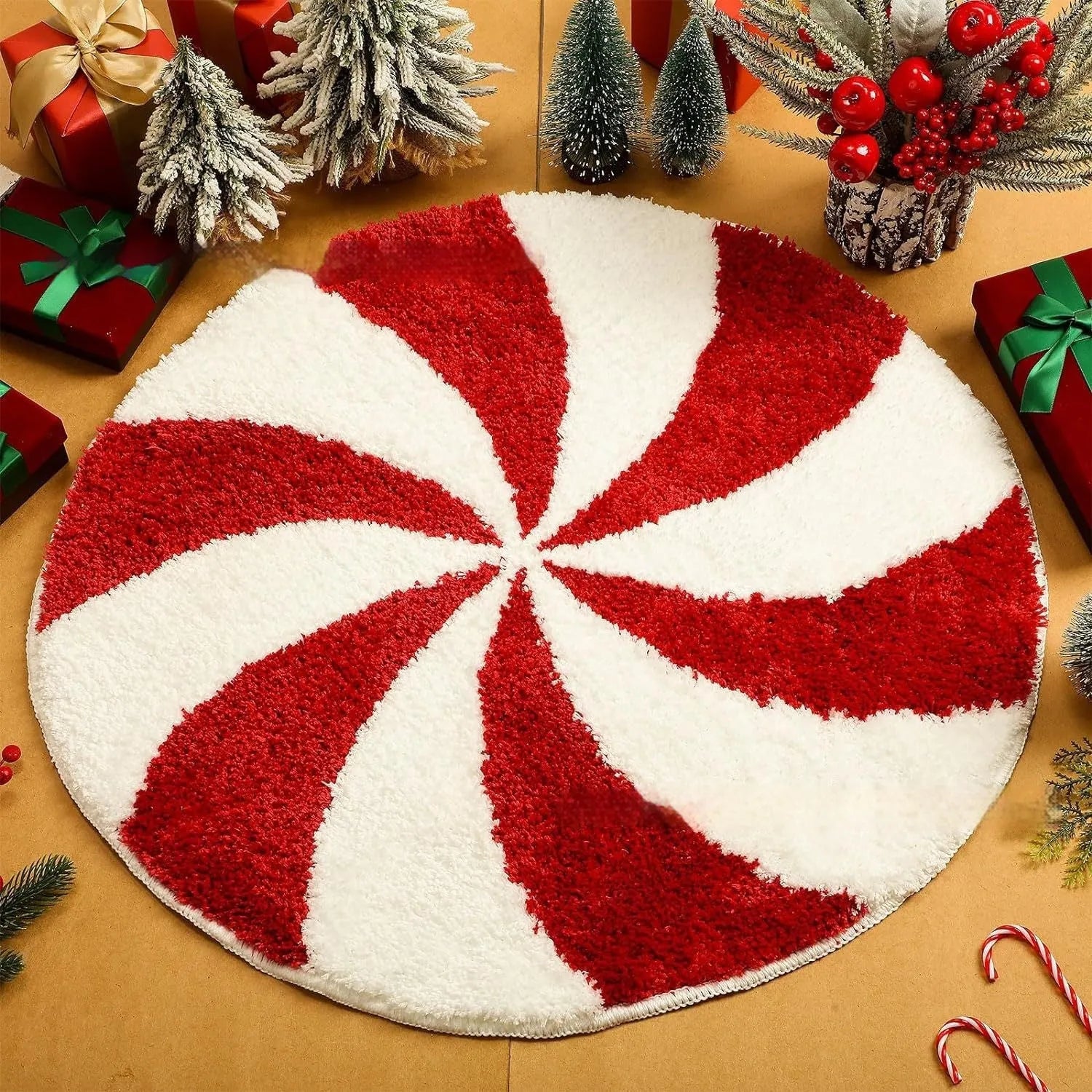 Round Christmas carpet with festive printed design on floor, showing 60cm and 80cm size options.