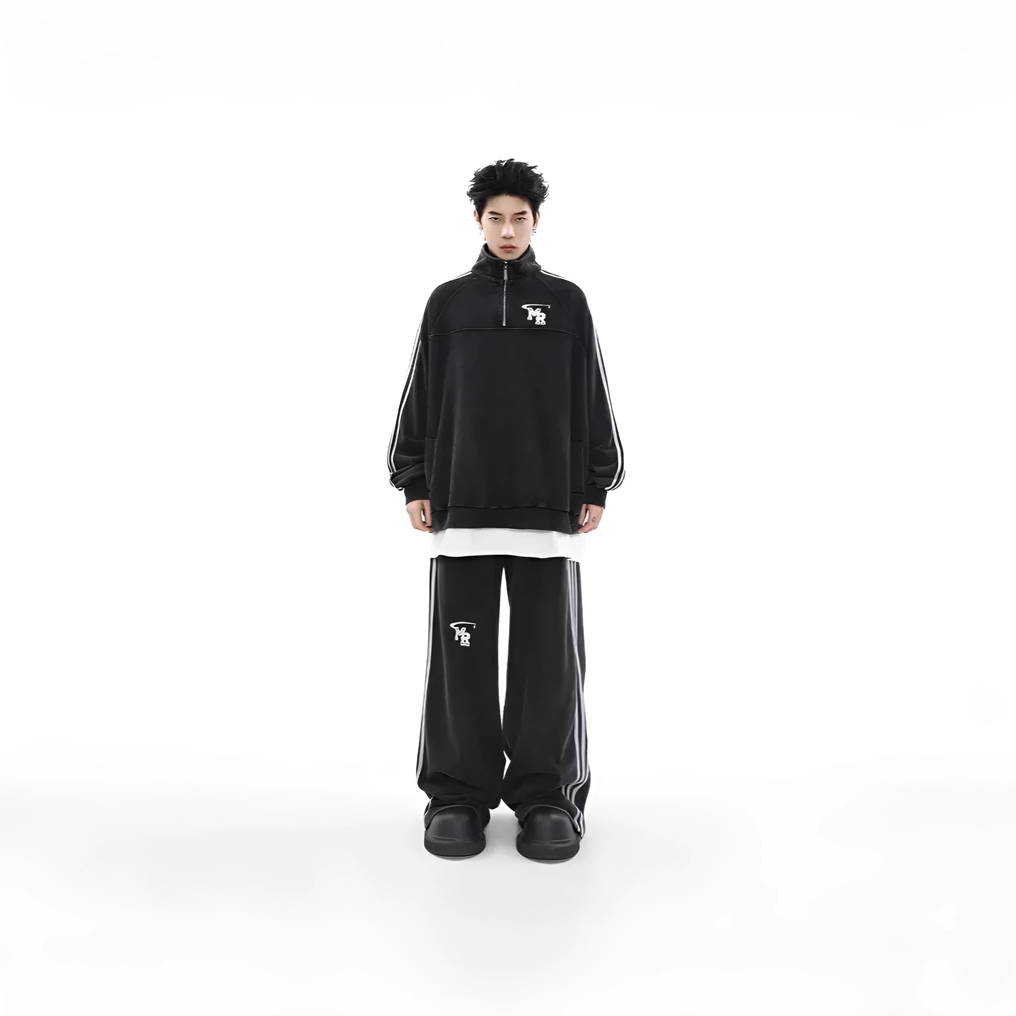 Black long sleeve sports hoodie with stand collar showing Hong Kong style details