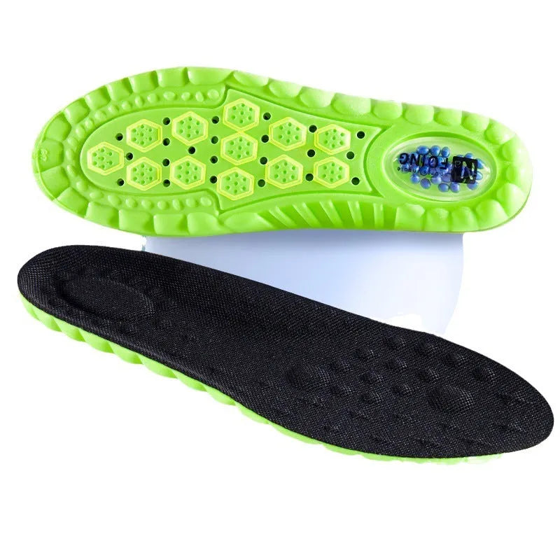 Green PU air cushion sports insoles for shock absorption, shown in size 35-46.