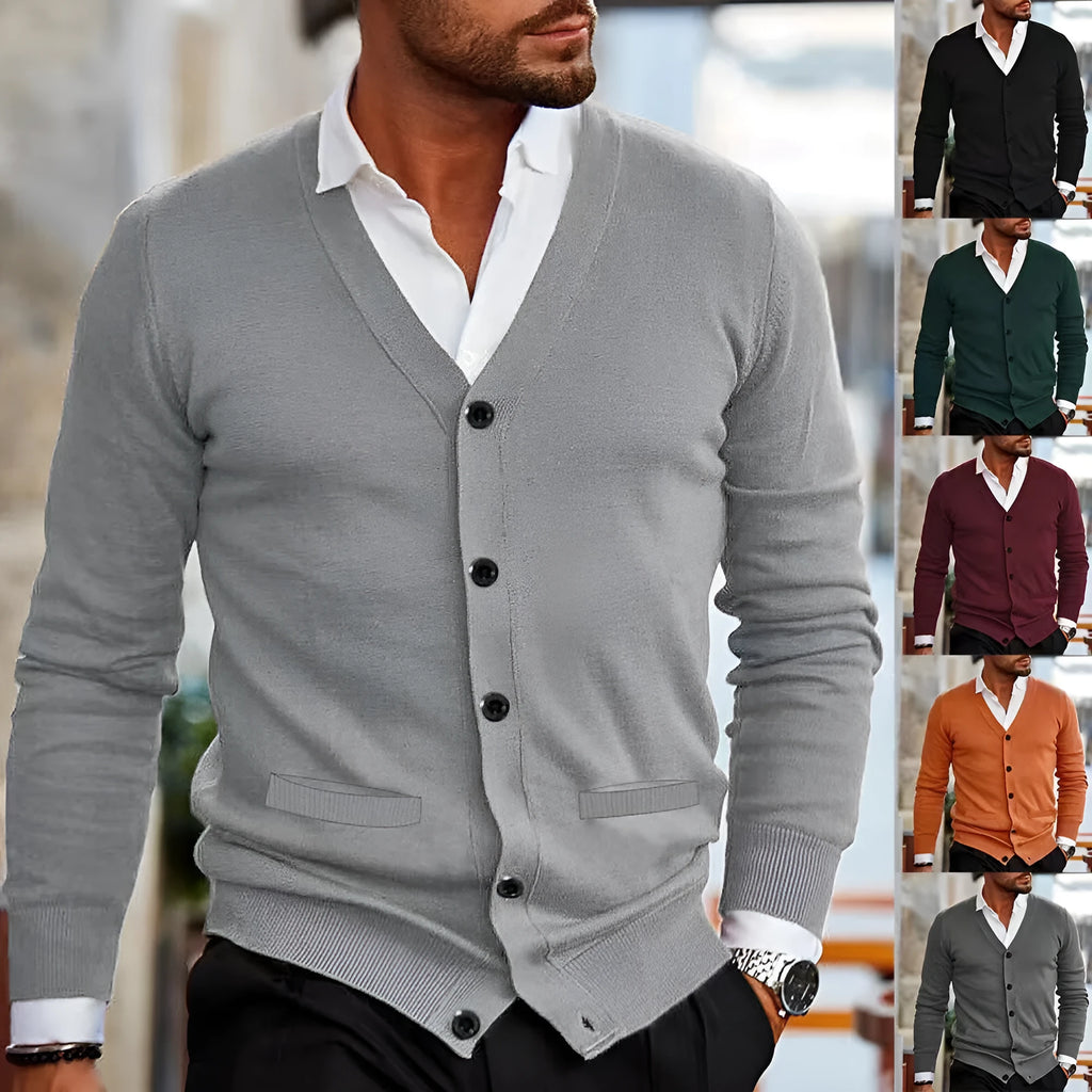Men's slim fit acrylic cardigan sweater in light grey colour showing front button detail and long sleeves