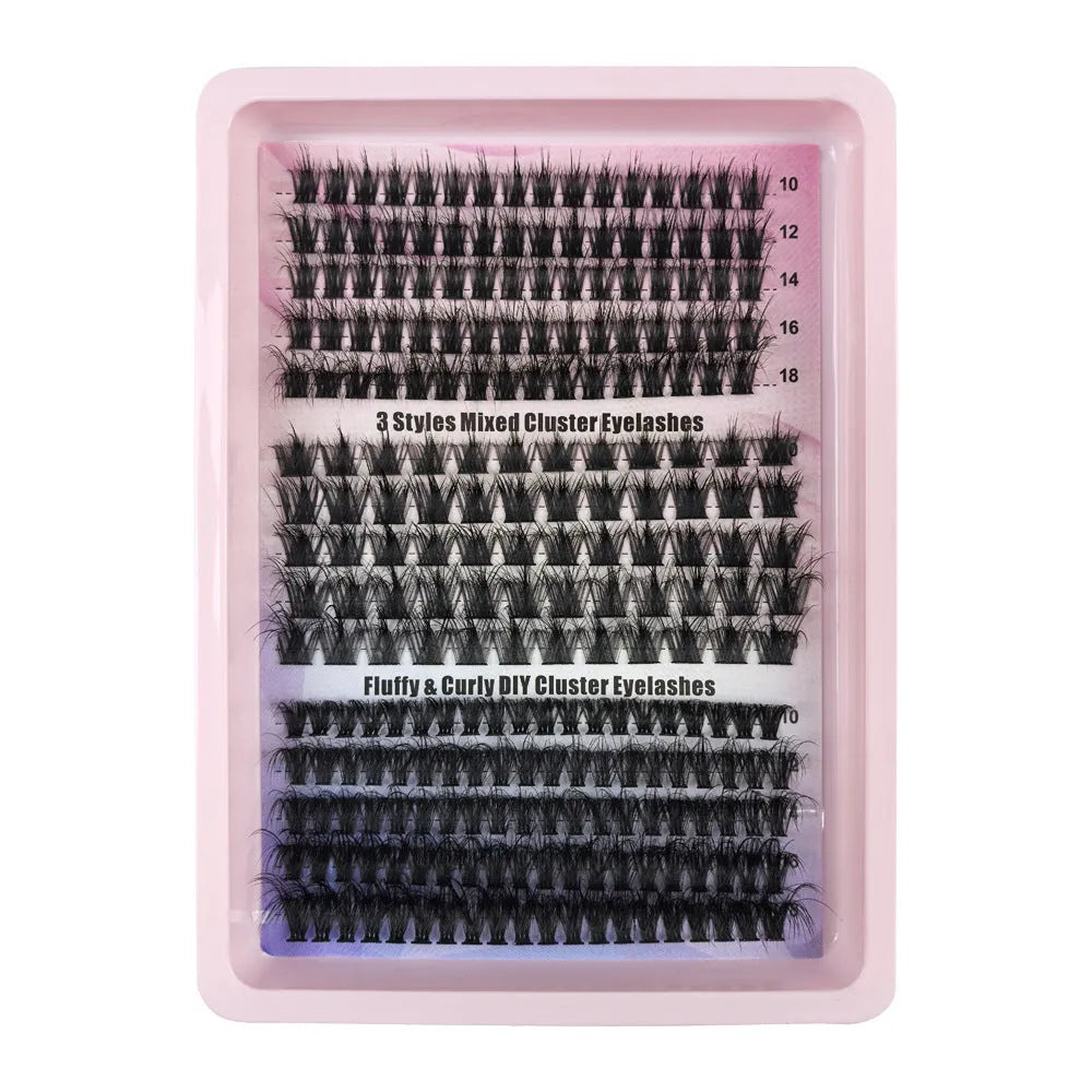 Box of messy mixed false eyelashes showing varied lash densities and high imitation material texture.