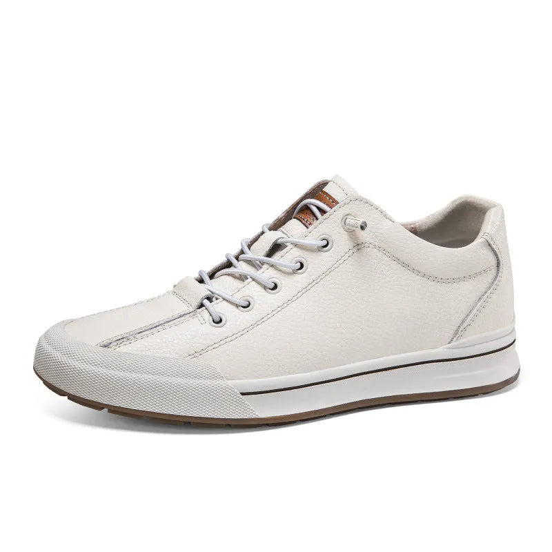 Men's white matte leather casual shoes with round toe and flat heel design